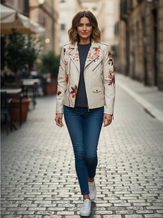 Odyn Jackets & Blazers - Odyn - Women's Cream Floral Vegan leather Feminine moto coat Sz. Small
